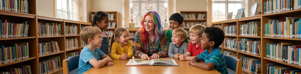 Young pupils in library with librarian